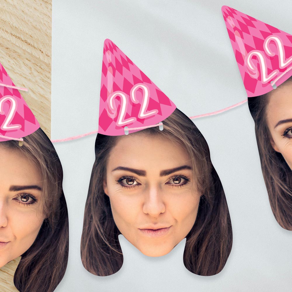 Personalised Pink Birthday Party Hat Face Bunting Printed Little Things