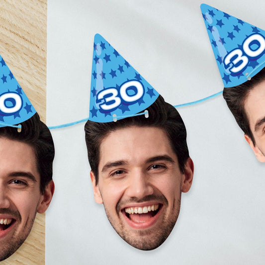 Personalised Blue Party Hat Face Bunting